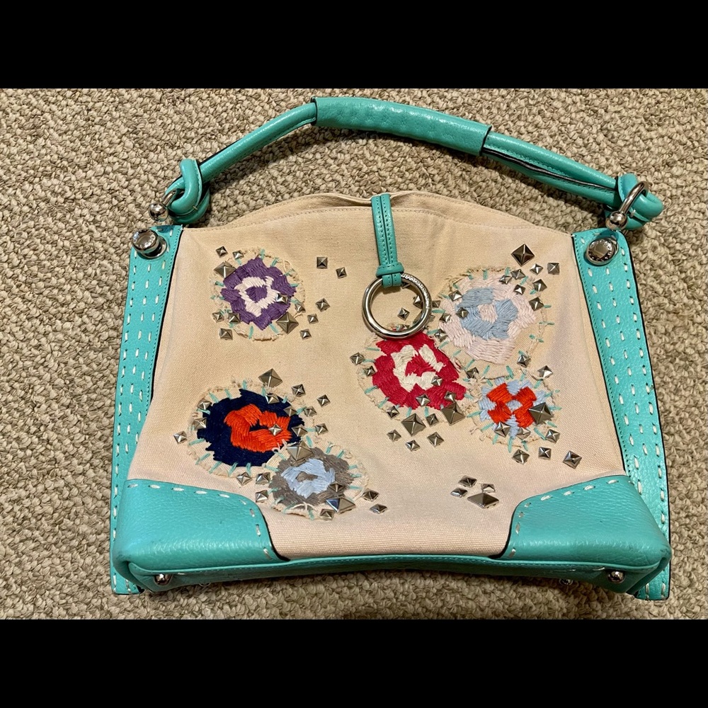 BCBGMAXAZRIA Embroidered flower & studs leather Canvas Purse - Picture 1 of 10